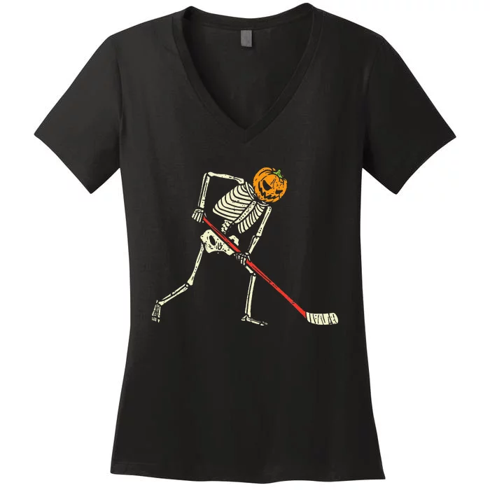 Pumpkin Skeleton Ice Hockey Funny Halloween Sports Player Women's V-Neck T-Shirt