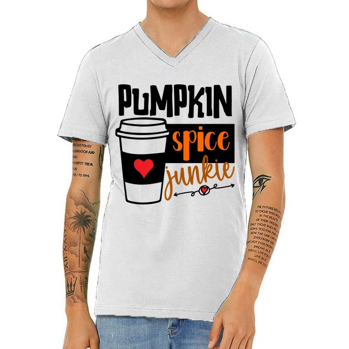 Pumpkin Spice Junkie Coffee Lover Heart V-Neck T-Shirt