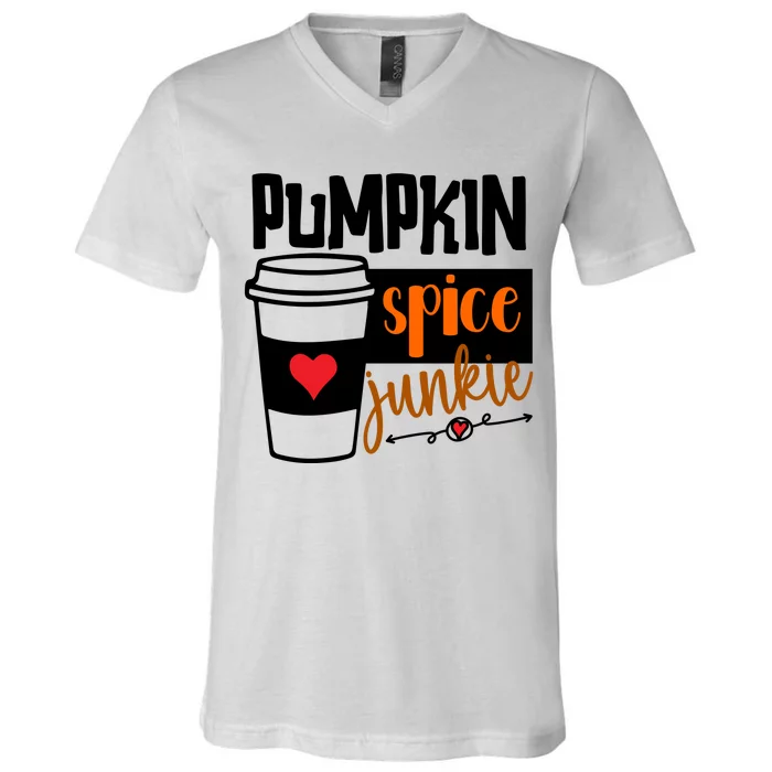 Pumpkin Spice Junkie Coffee Lover Heart V-Neck T-Shirt