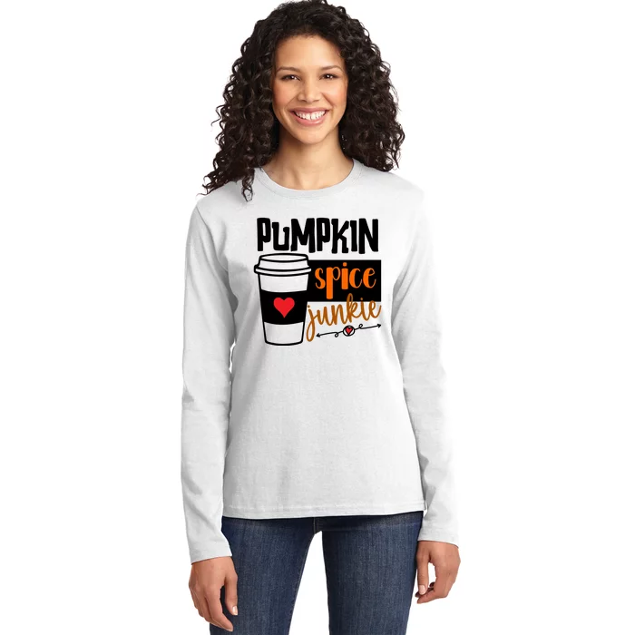 Pumpkin Spice Junkie Coffee Lover Heart Ladies Long Sleeve Shirt