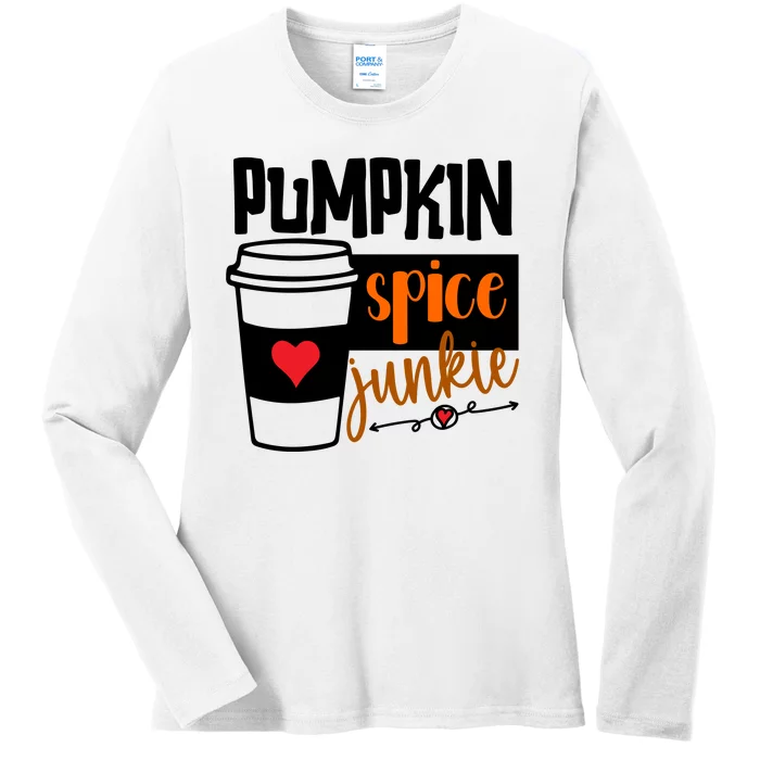 Pumpkin Spice Junkie Coffee Lover Heart Ladies Long Sleeve Shirt