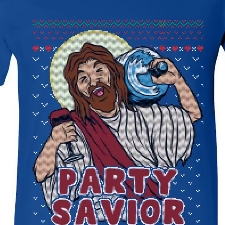 Party Savior Jesus Christ Santa Beer Ugly Christmas Sweater Great Gift V-Neck T-Shirt