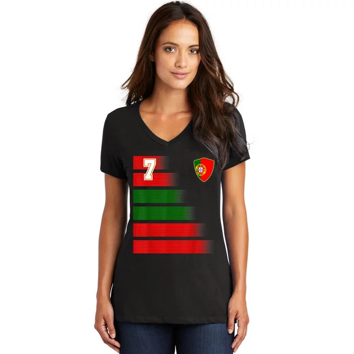 Portugal Soccer Jersey Flag Retro 7 Portuguese Football Women's V-Neck T-Shirt