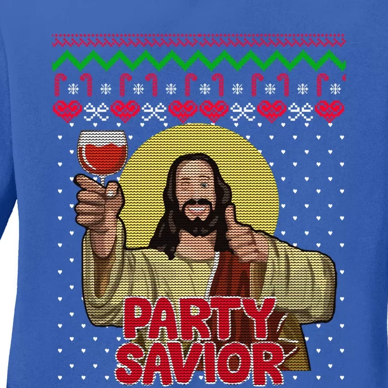 Party Savior Jesus Christ Santa Wine Ugly Christmas Sweater Gift Ladies Long Sleeve Shirt