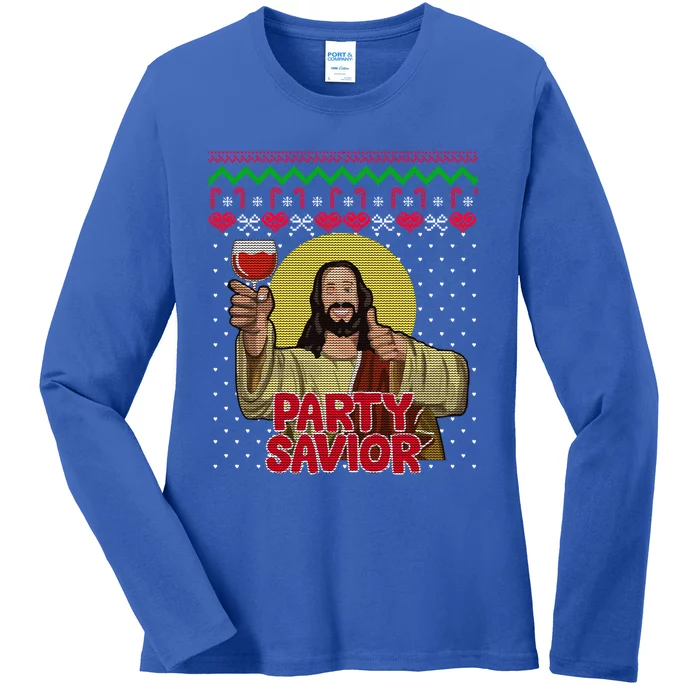 Party Savior Jesus Christ Santa Wine Ugly Christmas Sweater Gift Ladies Long Sleeve Shirt