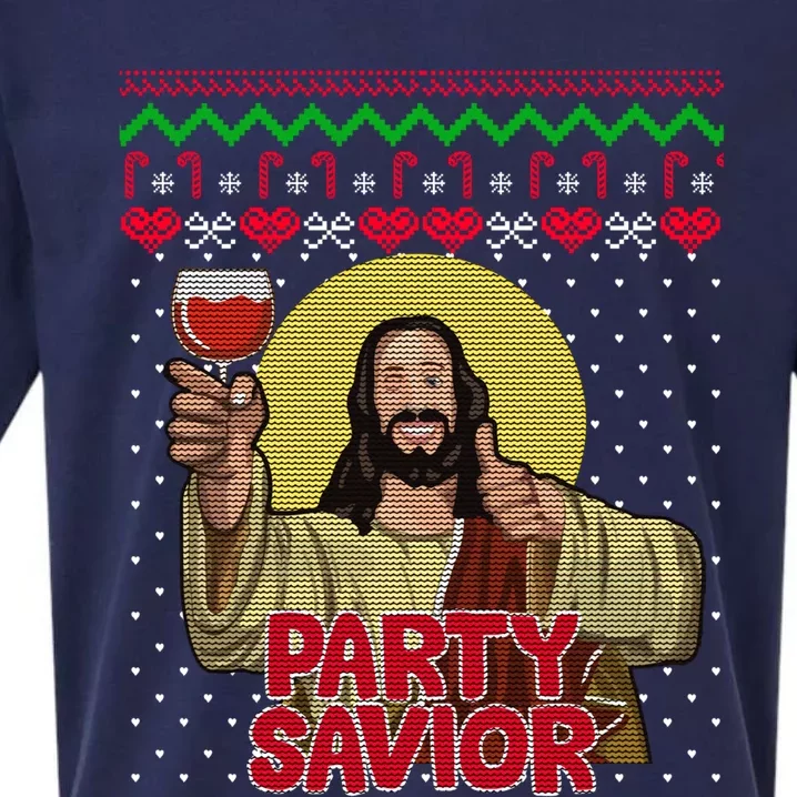 Party Savior Jesus Christ Santa Wine Ugly Christmas Sweater Gift Sueded Cloud Jersey T-Shirt