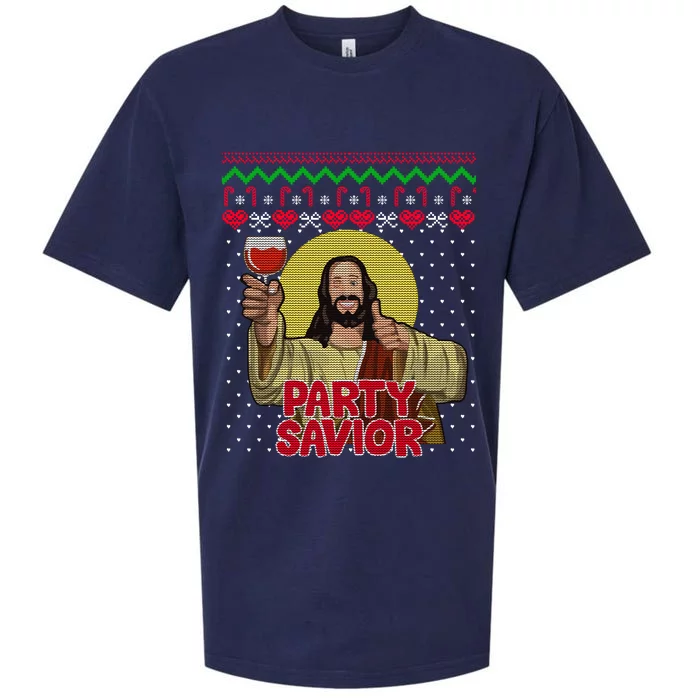 Party Savior Jesus Christ Santa Wine Ugly Christmas Sweater Gift Sueded Cloud Jersey T-Shirt