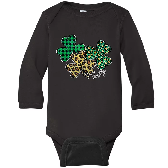 Plaid Shamrock Leopard Cheetah Lucky St Patricks Day Wo Baby Long Sleeve Bodysuit