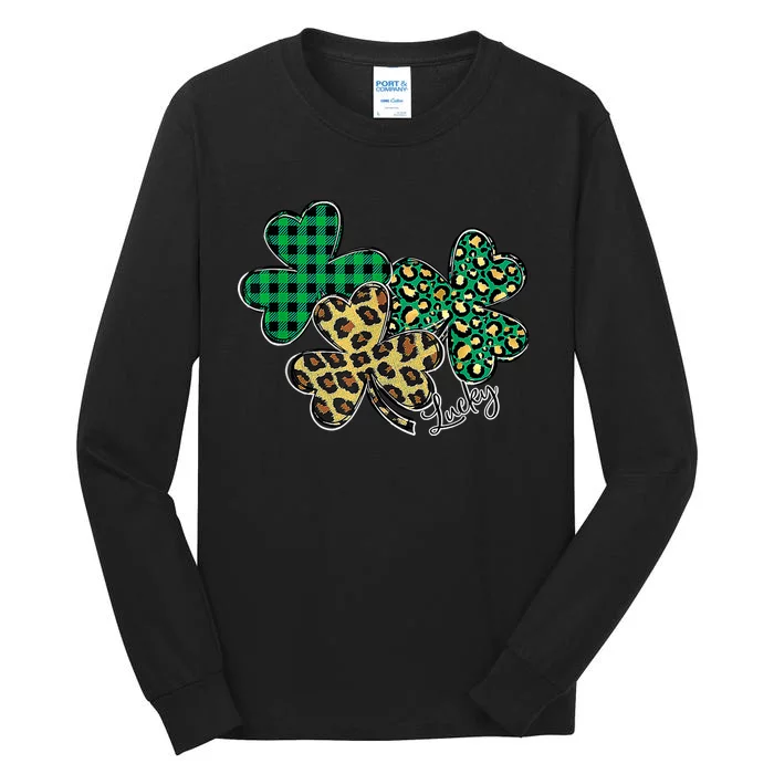 Plaid Shamrock Leopard Cheetah Lucky St Patricks Day Wo Tall Long Sleeve T-Shirt