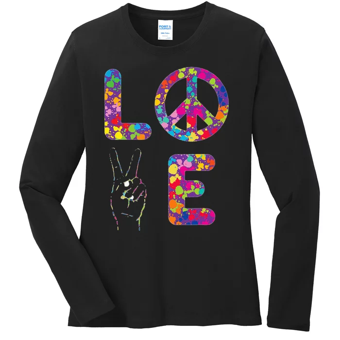 Peace Sign Love 60s 70s Tie Dye Hippie Ladies Long Sleeve Shirt