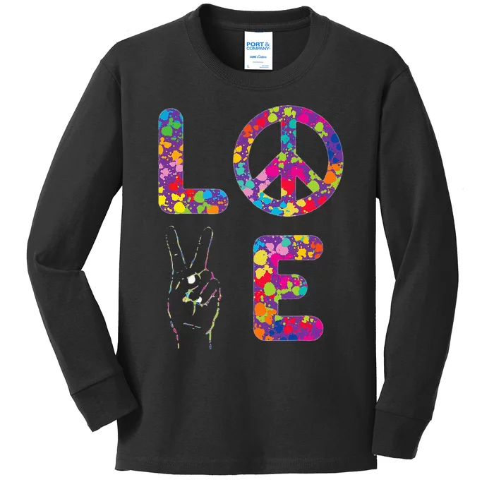 Peace Sign Love 60s 70s Tie Dye Hippie Kids Long Sleeve Shirt