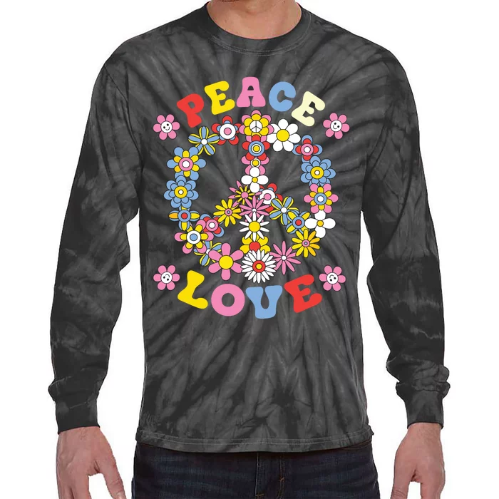 Peace Sign Love 60s 70s Hippie Costume Flowers Tie-Dye Long Sleeve Shirt