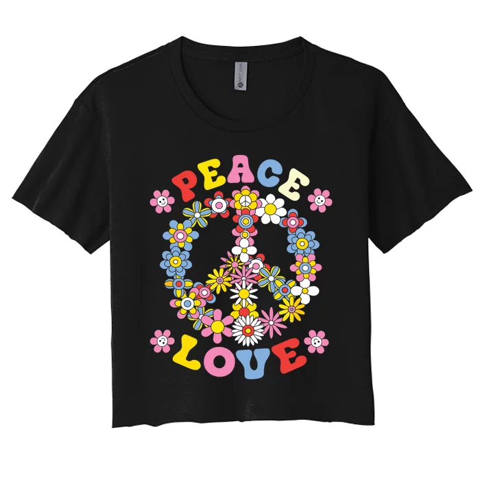 Peace Sign Love 60s 70s Hippie Costume Flowers Women's Crop Top Tee