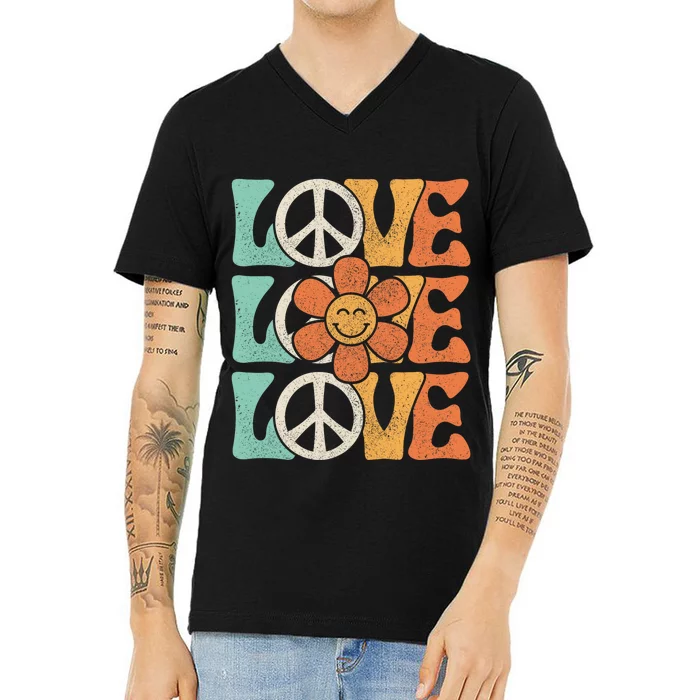 Peace Sign Love 60s 70s Costume 70 Theme Party Groovy Hippie V-Neck T-Shirt