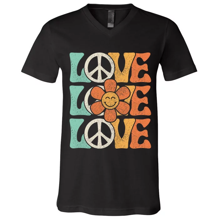 Peace Sign Love 60s 70s Costume 70 Theme Party Groovy Hippie V-Neck T-Shirt