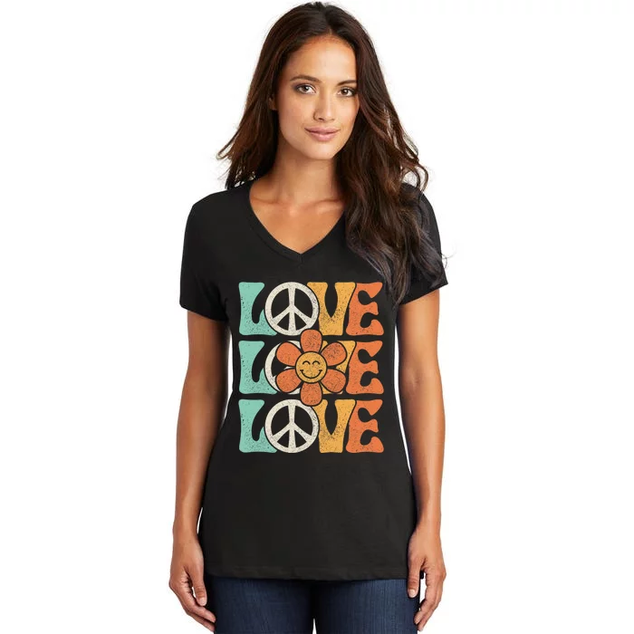 Peace Sign Love 60s 70s Costume 70 Theme Party Groovy Hippie Women's V-Neck T-Shirt