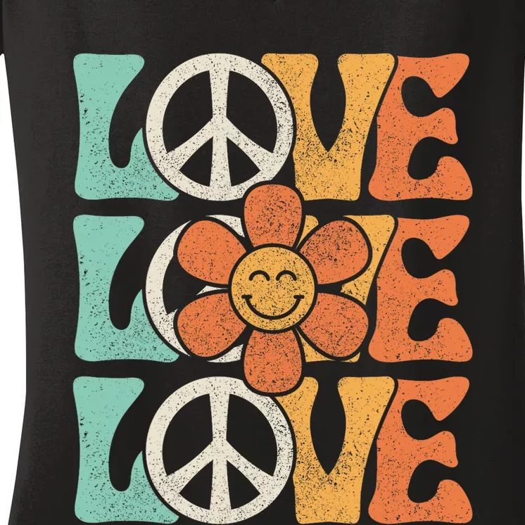 Peace Sign Love 60s 70s Costume 70 Theme Party Groovy Hippie Women's V-Neck T-Shirt