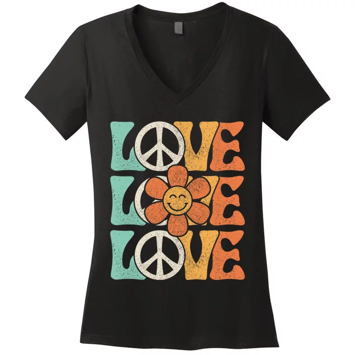 Peace Sign Love 60s 70s Costume 70 Theme Party Groovy Hippie Women's V-Neck T-Shirt