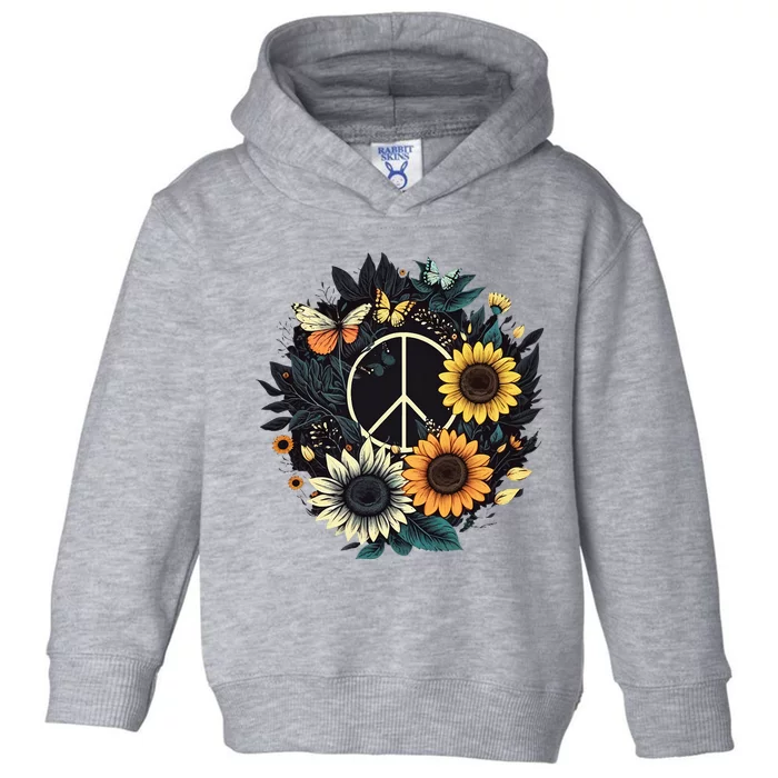 Peace Sign Love Sunflower On 60s 70s Sunflower Hippie Toddler Hoodie