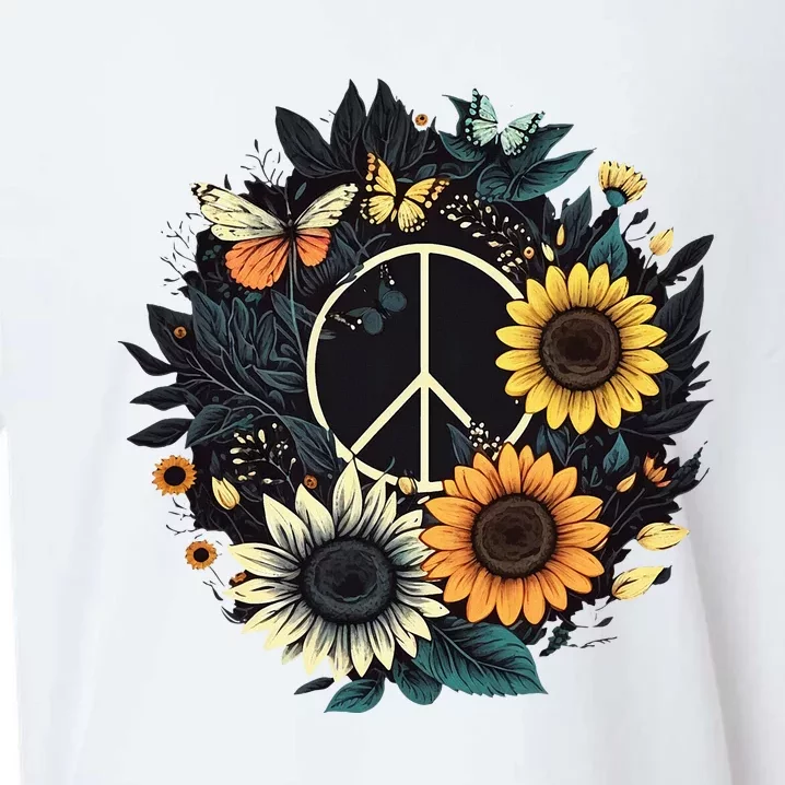 Peace Sign Love Sunflower On 60s 70s Sunflower Hippie Sueded Cloud Jersey T-Shirt