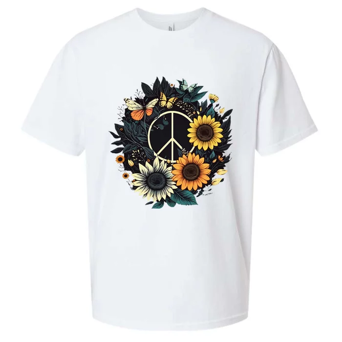 Peace Sign Love Sunflower On 60s 70s Sunflower Hippie Sueded Cloud Jersey T-Shirt