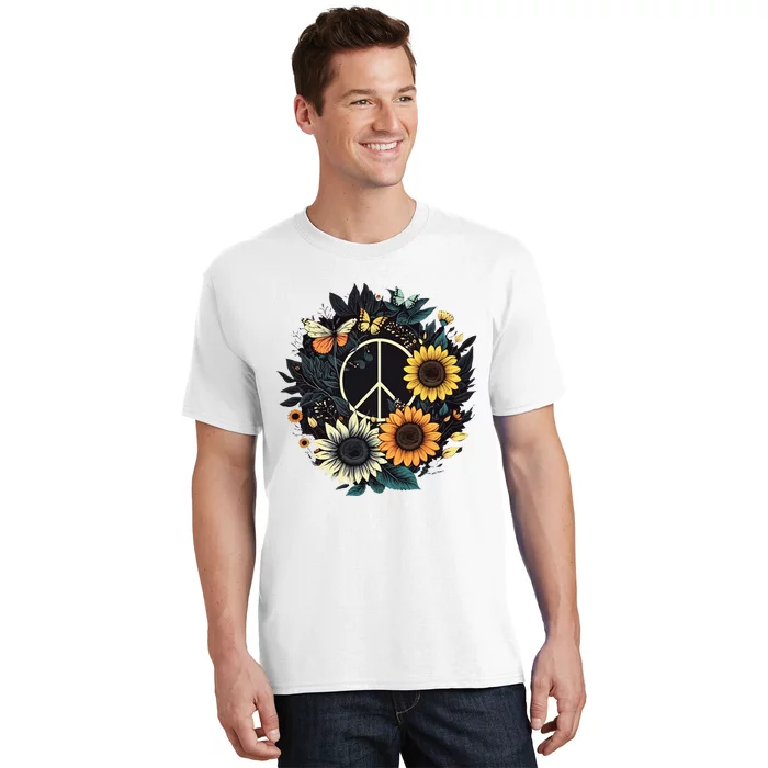 Peace Sign Love Sunflower On 60s 70s Sunflower Hippie T-Shirt