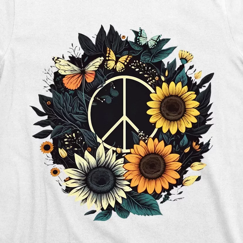 Peace Sign Love Sunflower On 60s 70s Sunflower Hippie T-Shirt