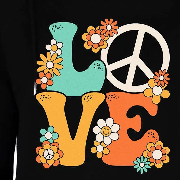 Peace Sign Love 60s 70s Groovy Hippie Theme Party Womens Funnel Neck Pullover Hood