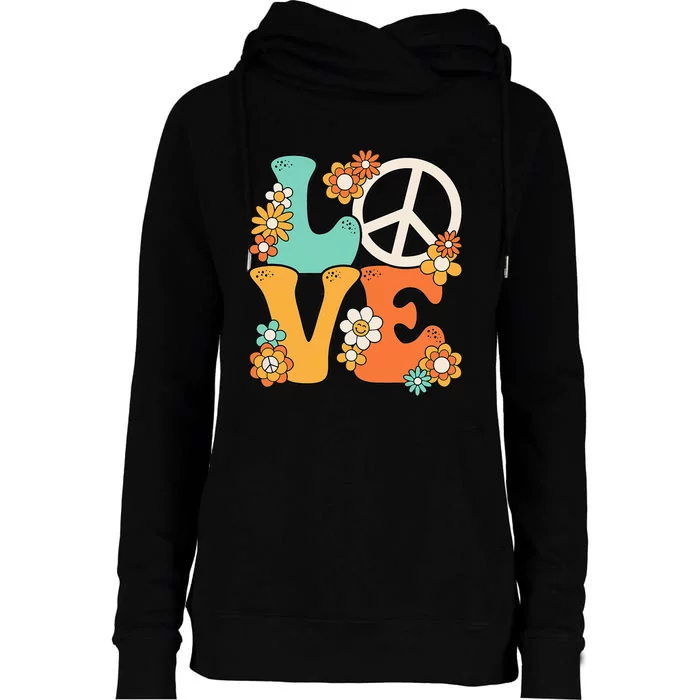 Peace Sign Love 60s 70s Groovy Hippie Theme Party Womens Funnel Neck Pullover Hood