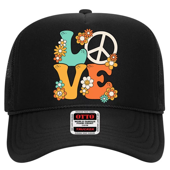 Peace Sign Love 60s 70s Groovy Hippie Theme Party High Crown Mesh Trucker Hat