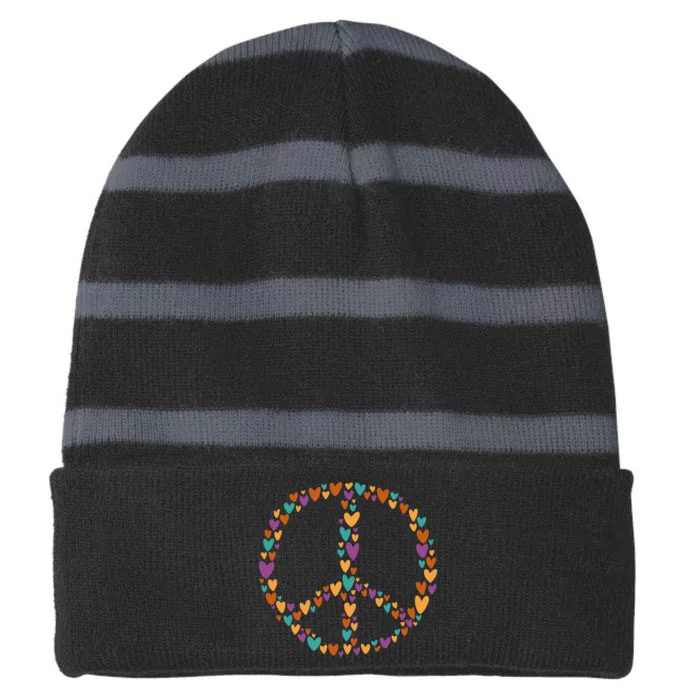 Peace Sign Love Hearts Striped Beanie with Solid Band