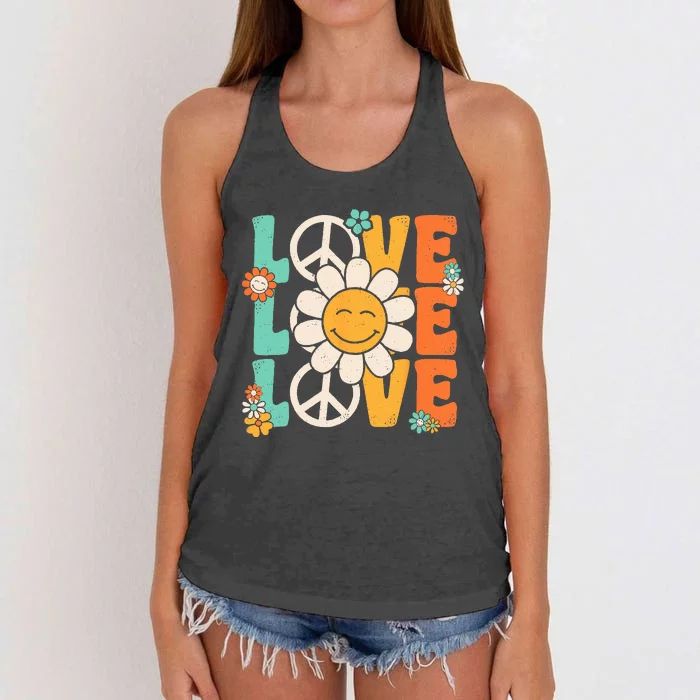 Peace Sign Love 60s 70s 80s Costume Groovy Theme Party Women's Knotted Racerback Tank