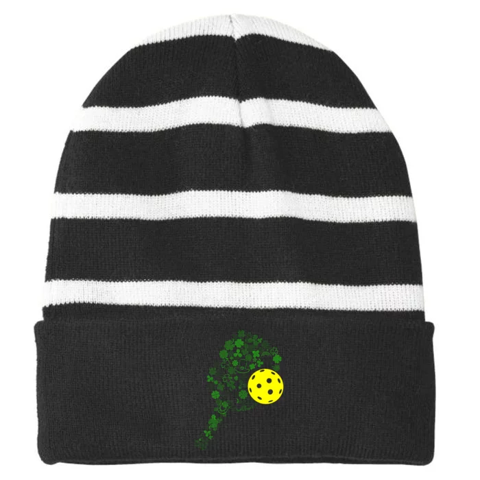 Pickleball Shamrock Leaf St Patrick Day Pickleball Player Striped Beanie with Solid Band