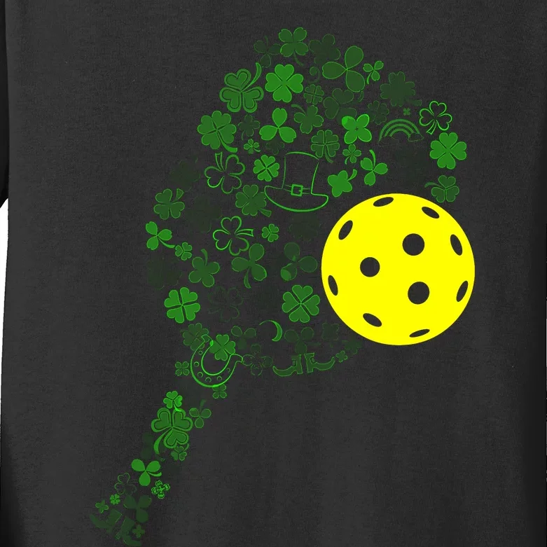 Pickleball Shamrock Leaf St Patrick Day Pickleball Player Kids Long Sleeve Shirt