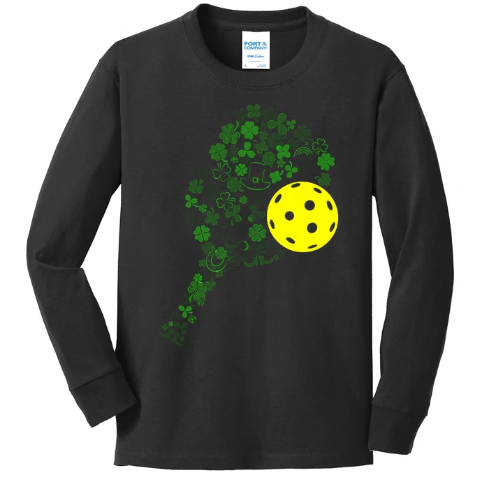 Pickleball Shamrock Leaf St Patrick Day Pickleball Player Kids Long Sleeve Shirt