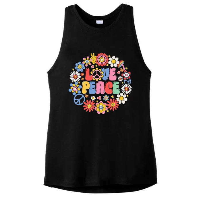 Peace Sign Love 60s 70s Love Peace Hippie Costume Ladies Tri-Blend Wicking Tank