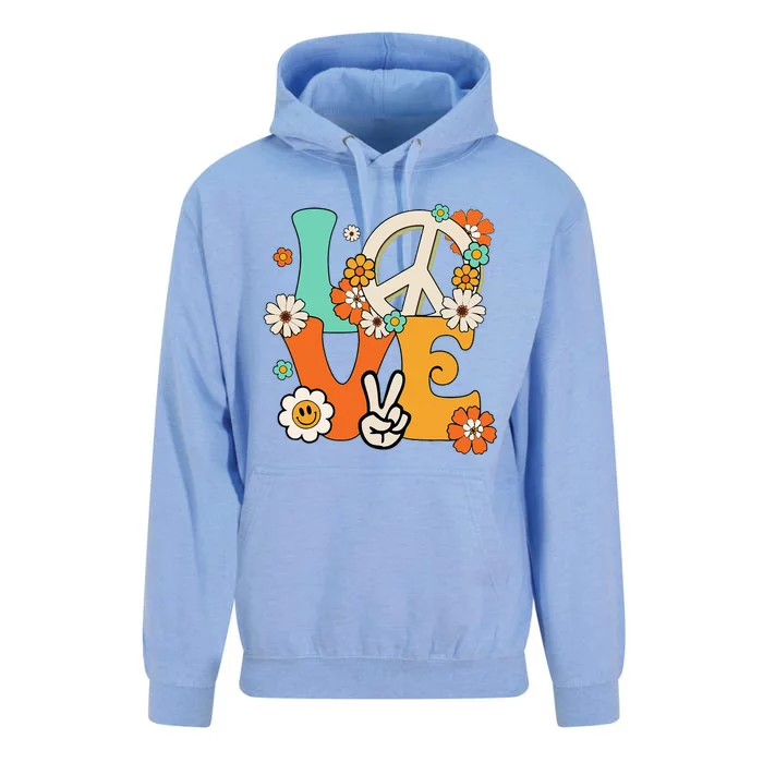 Peace Sign Love 60s 70s Hippie Costume Flowers Unisex Surf Hoodie