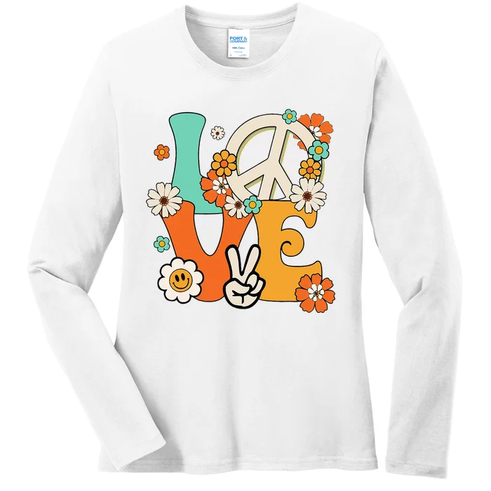 Peace Sign Love 60s 70s Hippie Costume Flowers Ladies Long Sleeve Shirt