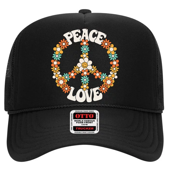 Peace Sign Love 60s 70s Costume Groovy Hippie Theme Party High Crown Mesh Trucker Hat