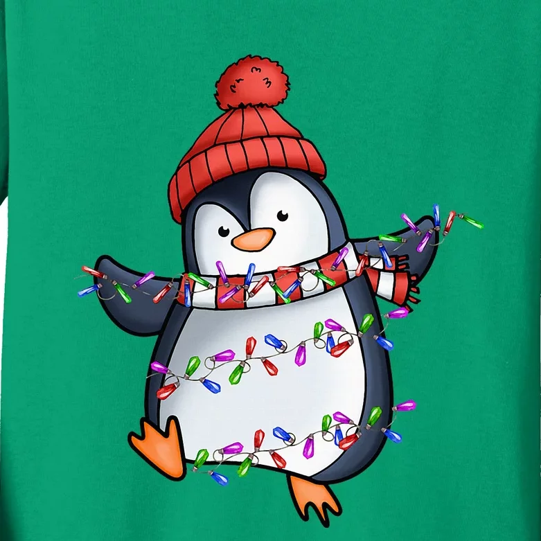 Penguin Santa Lights Christmas Pajamas Cute Penguins Xmas Kids Long Sleeve Shirt