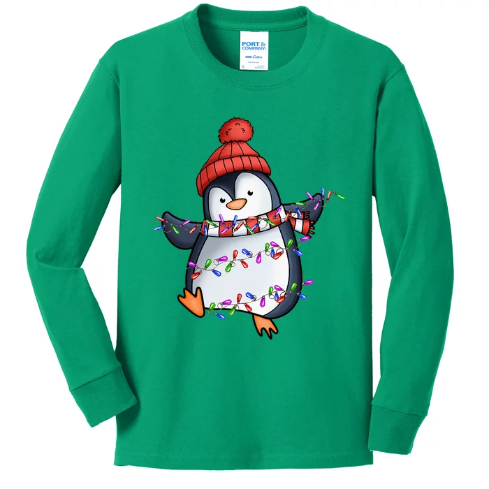 Penguin Santa Lights Christmas Pajamas Cute Penguins Xmas Kids Long Sleeve Shirt