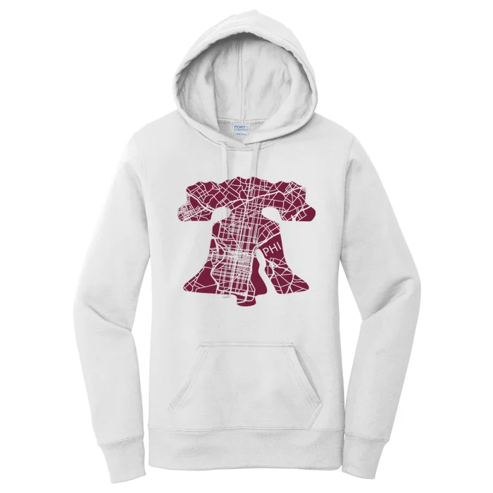 Philadelphia Street Map Liberty Bell Vintage Maroon P.Hilly Women's Pullover Hoodie