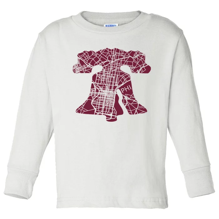 Philadelphia Street Map Liberty Bell Vintage Maroon P.Hilly Toddler Long Sleeve Shirt