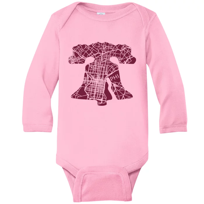 Philadelphia Street Map Liberty Bell Vintage Maroon Baby Long Sleeve Bodysuit