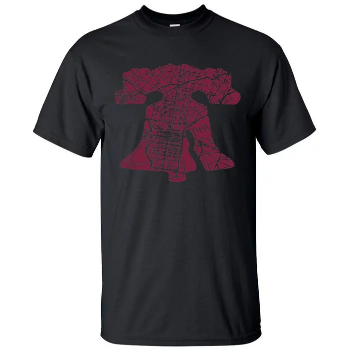 Philadelphia Street Map Liberty Bell Vintage Maroon Tall T-Shirt