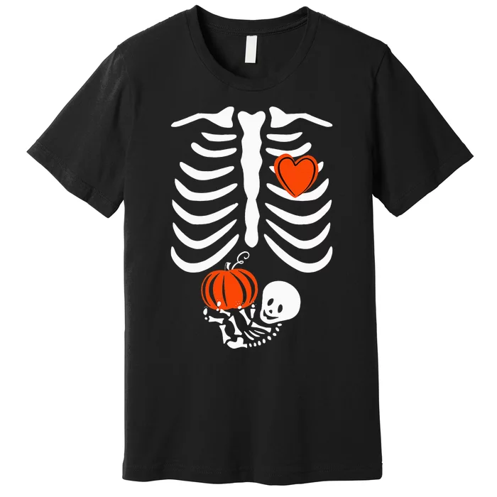 Pregnant Skeleton Mom Halloween Pregnancy Baby Announcement Premium T-Shirt