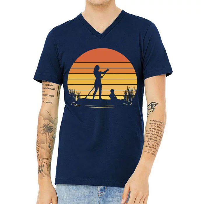 Paddle Surf Mother And Child Sunset V-Neck T-Shirt