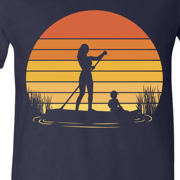 Paddle Surf Mother And Child Sunset V-Neck T-Shirt