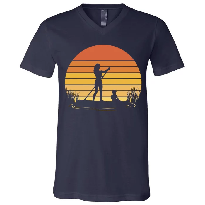 Paddle Surf Mother And Child Sunset V-Neck T-Shirt