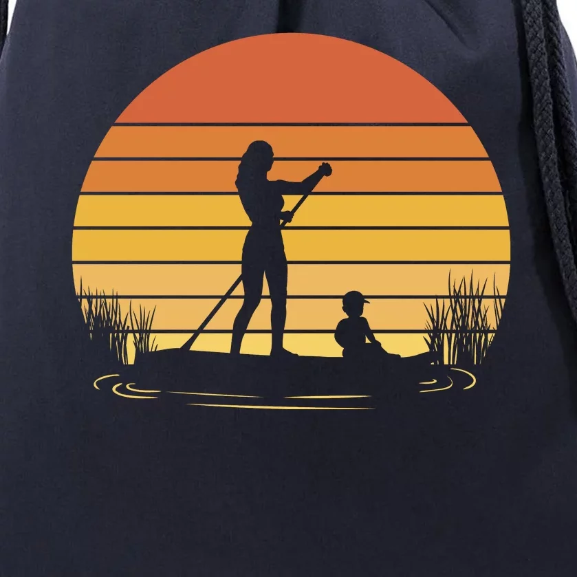 Paddle Surf Mother And Child Sunset Drawstring Bag